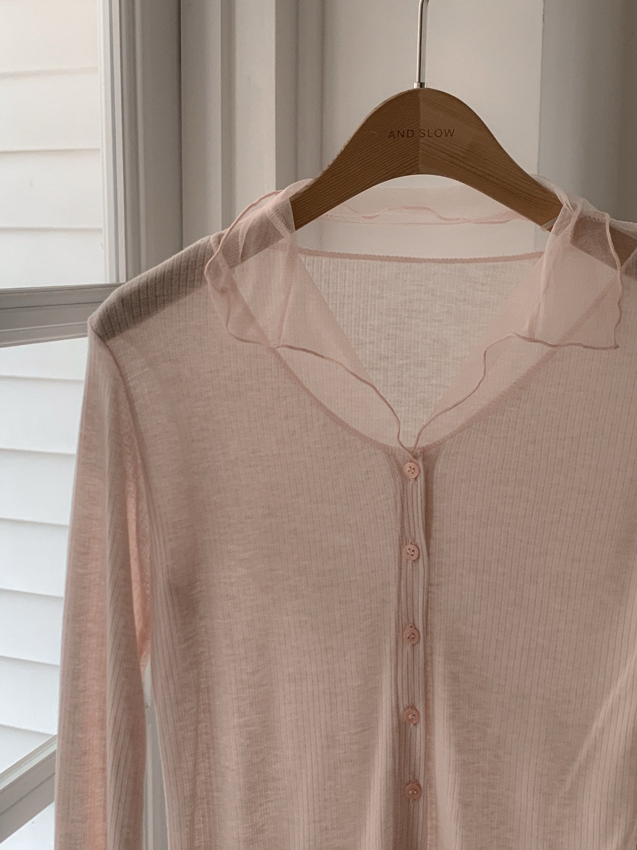 Sheer Ribbed Frill Button Cardigan