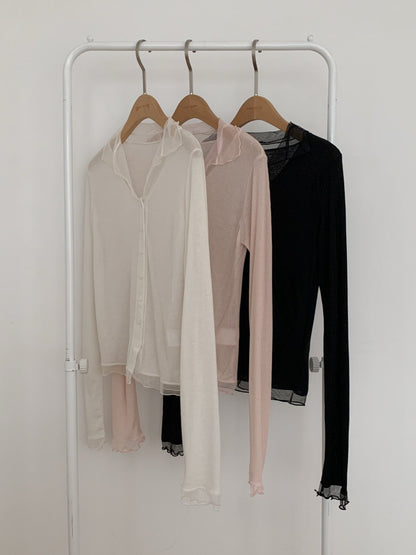 Sheer Ribbed Frill Button Cardigan