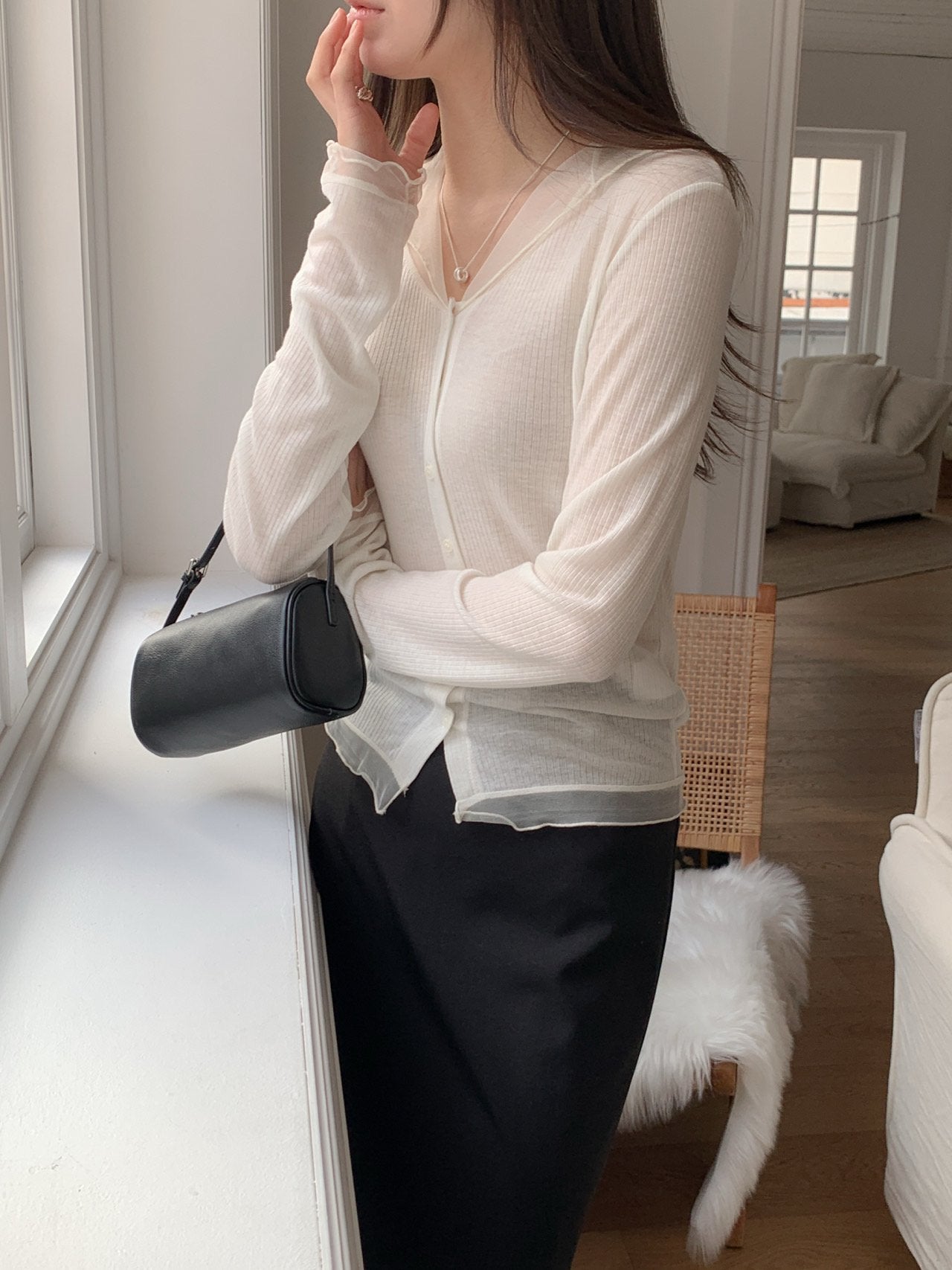 Sheer Ribbed Frill Button Cardigan