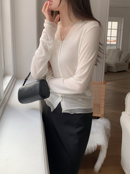 Sheer Ribbed Frill Button Cardigan