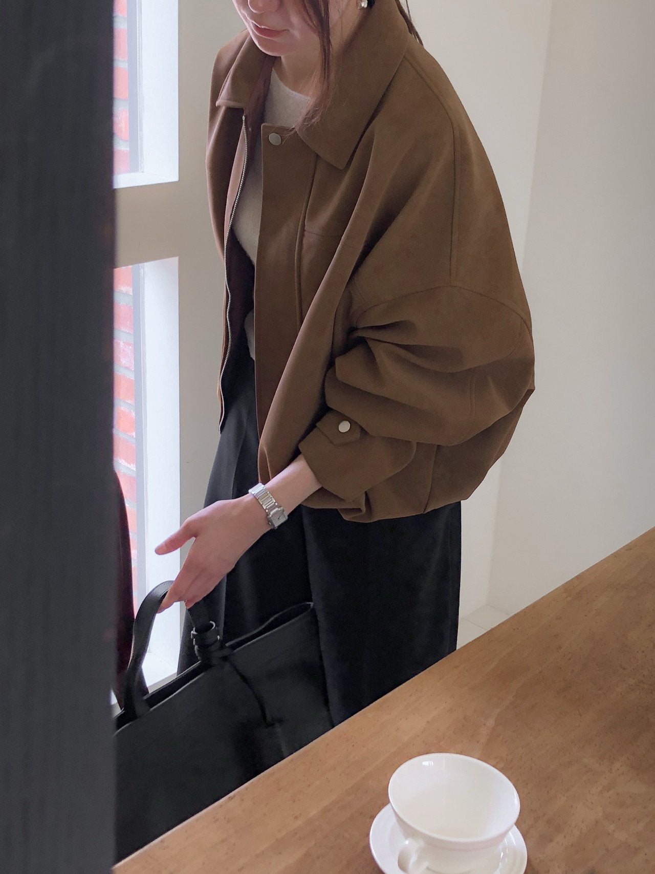 Suede-Style Collared Cropped Jacket