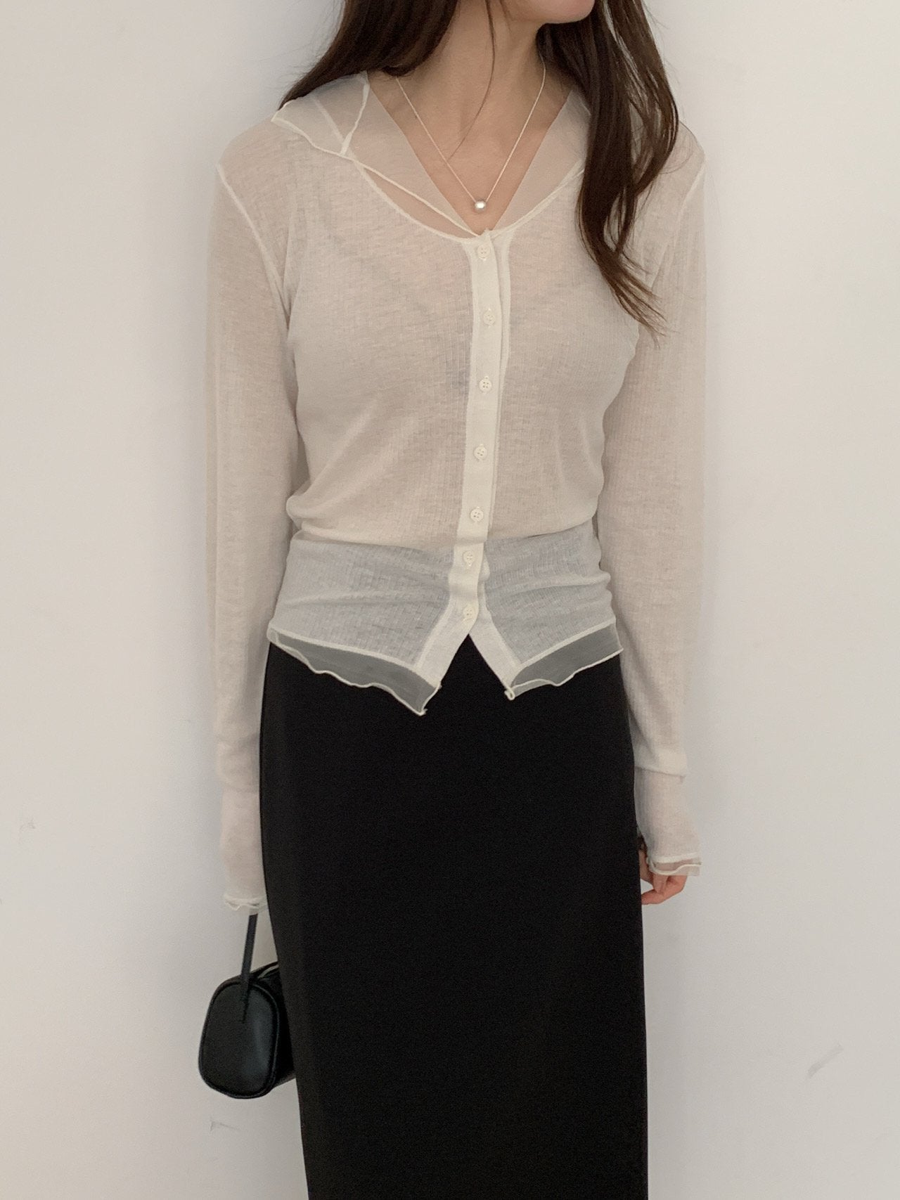 Sheer Ribbed Frill Button Cardigan
