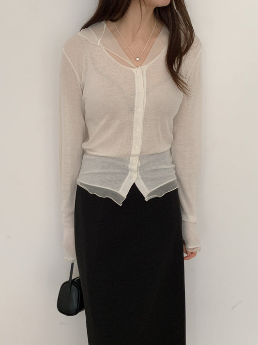 Sheer Ribbed Frill Button Cardigan