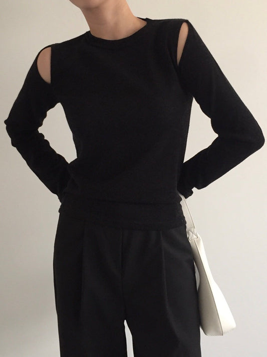 Cut-Out Shoulder Long Sleeve Knit Top