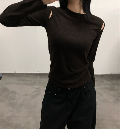 Cut-Out Shoulder Long Sleeve Knit Top