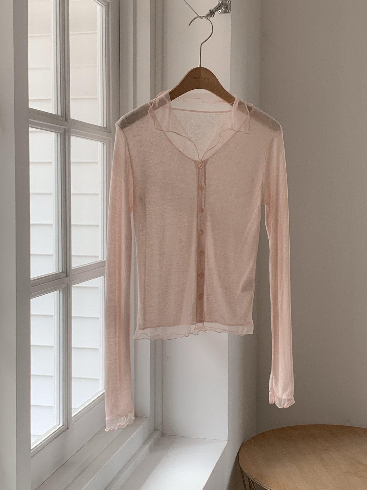 Sheer Ribbed Frill Button Cardigan