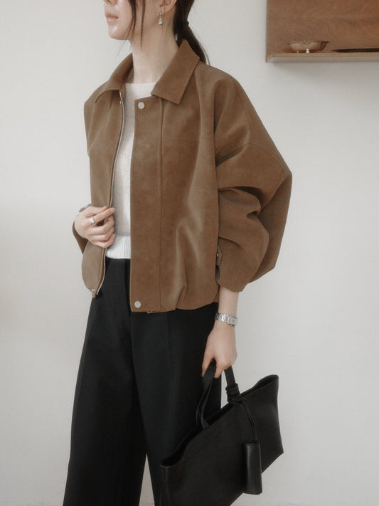 Suede-Style Collared Cropped Jacket