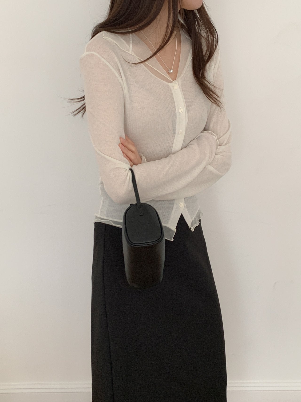 Sheer Ribbed Frill Button Cardigan